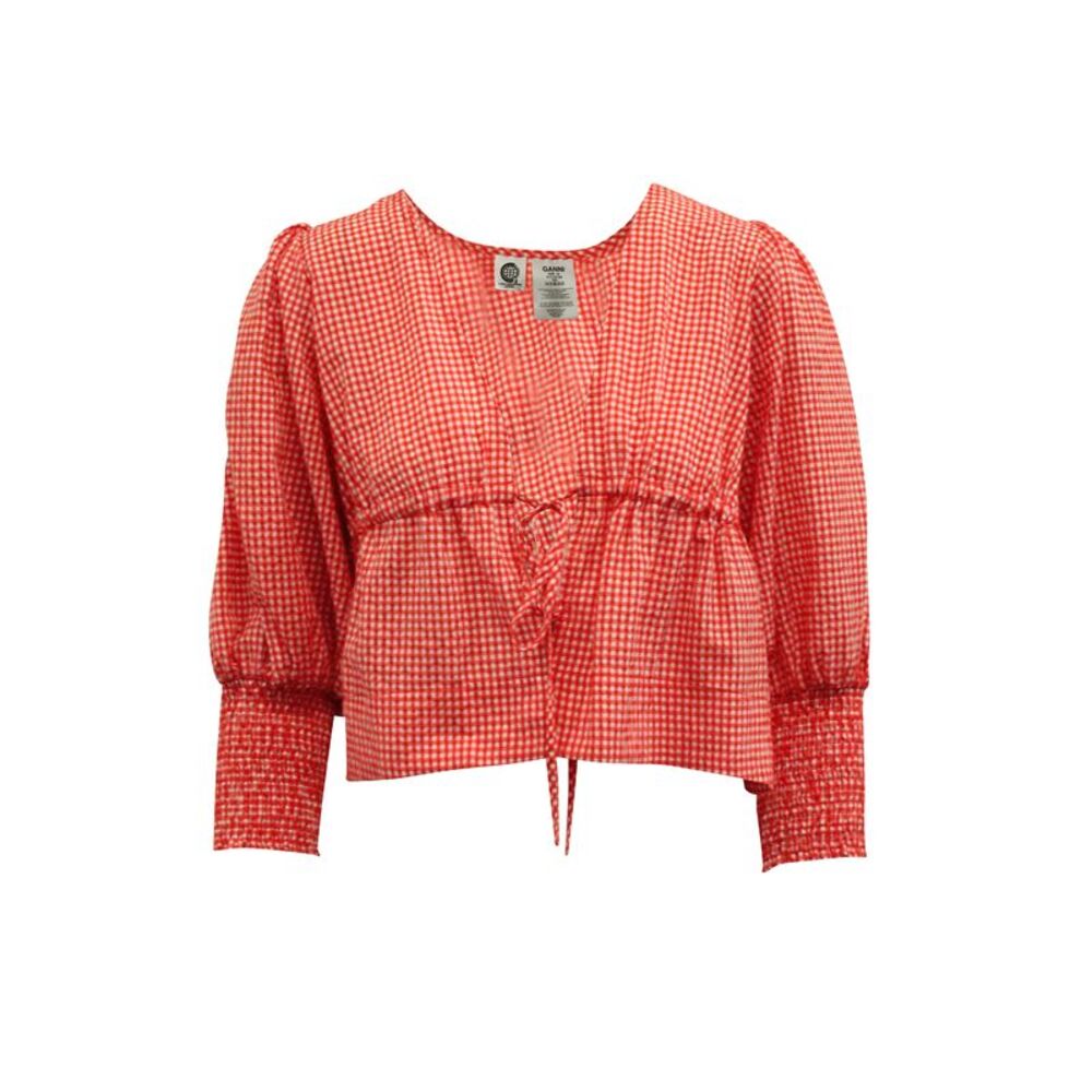 Ganni Gingham Front-Tie Top in Red Cotton